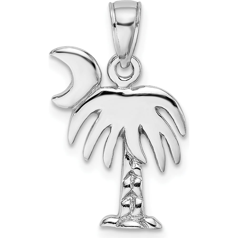 14K White Gold Charleston Palm Tree and Crescent Moon Pendant with Polished Rhodium Finish by Oro Pregiato