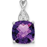 14K White Gold Checkerboard Amethyst Pendant with 3 Round Diamonds - 7mm Amethyst, 0.01 Carat Diamond Weight by Oro Pregiato