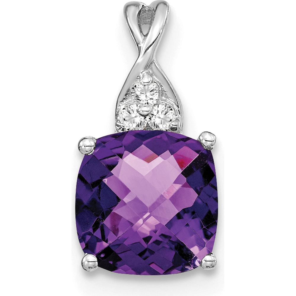 14K White Gold Checkerboard Amethyst Pendant with 3 Round Diamonds - 7mm Amethyst, 0.01 Carat Diamond Weight by Oro Pregiato