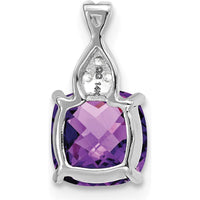 14K White Gold Checkerboard Amethyst Pendant with 3 Round Diamonds - 7mm Amethyst, 0.01 Carat Diamond Weight by Oro Pregiato