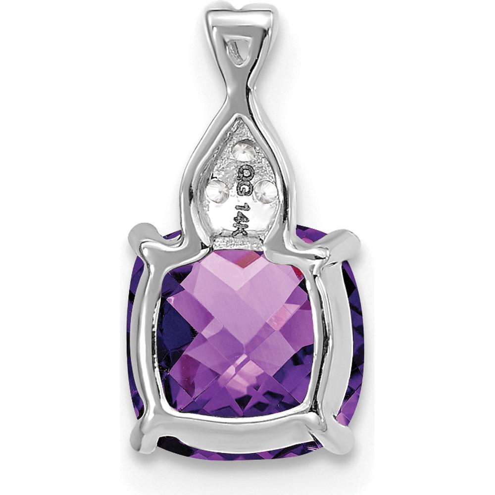 14K White Gold Checkerboard Amethyst Pendant with 3 Round Diamonds - 7mm Amethyst, 0.01 Carat Diamond Weight by Oro Pregiato