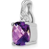 14K White Gold Checkerboard Amethyst Pendant with 3 Round Diamonds - 7mm Amethyst, 0.01 Carat Diamond Weight by Oro Pregiato