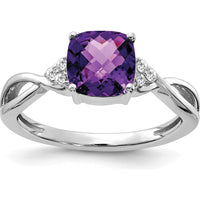 14K White Gold Checkerboard Amethyst Ring with Round Diamond Accents - 7mm Amethyst, 0.01 Carat Total Diamond Weight by 0