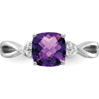 14K White Gold Checkerboard Amethyst Ring with Round Diamond Accents - 7mm Amethyst, 0.01 Carat Total Diamond Weight by 0