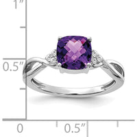 14K White Gold Checkerboard Amethyst Ring with Round Diamond Accents - 7mm Amethyst, 0.01 Carat Total Diamond Weight by 0