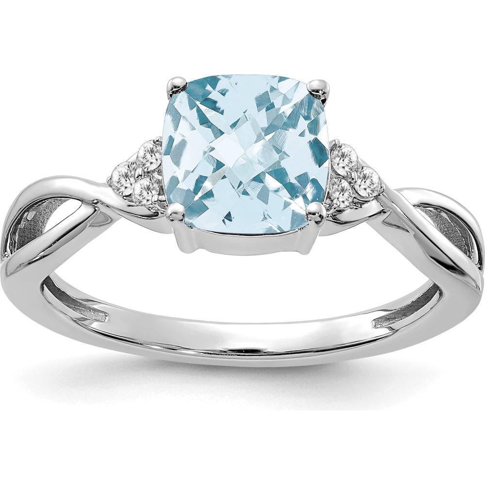 14K White Gold Checkerboard Aquamarine and Diamond Ring - 7mm Cushion Aquamarine, 0.06 Carat Total Diamond Weight by 0