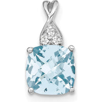 14K White Gold Checkerboard Aquamarine Pendant with Round Diamond Accents - 7mm Aquamarine by Oro Pregiato