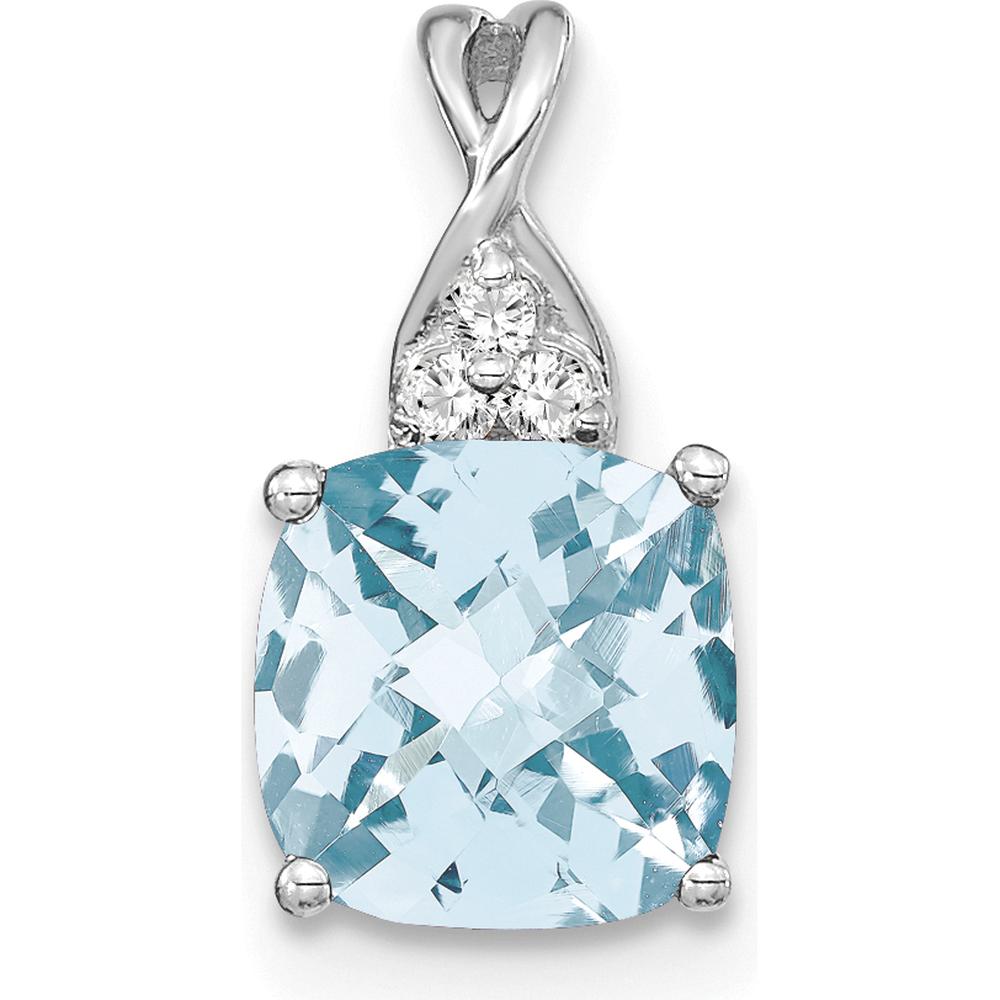 14K White Gold Checkerboard Aquamarine Pendant with Round Diamond Accents - 7mm Aquamarine by Oro Pregiato