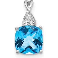 14K White Gold Checkerboard Blue Topaz and Diamond Pendant with 3 Round Diamonds - 7mm Cushion Cut Topaz by Oro Pregiato