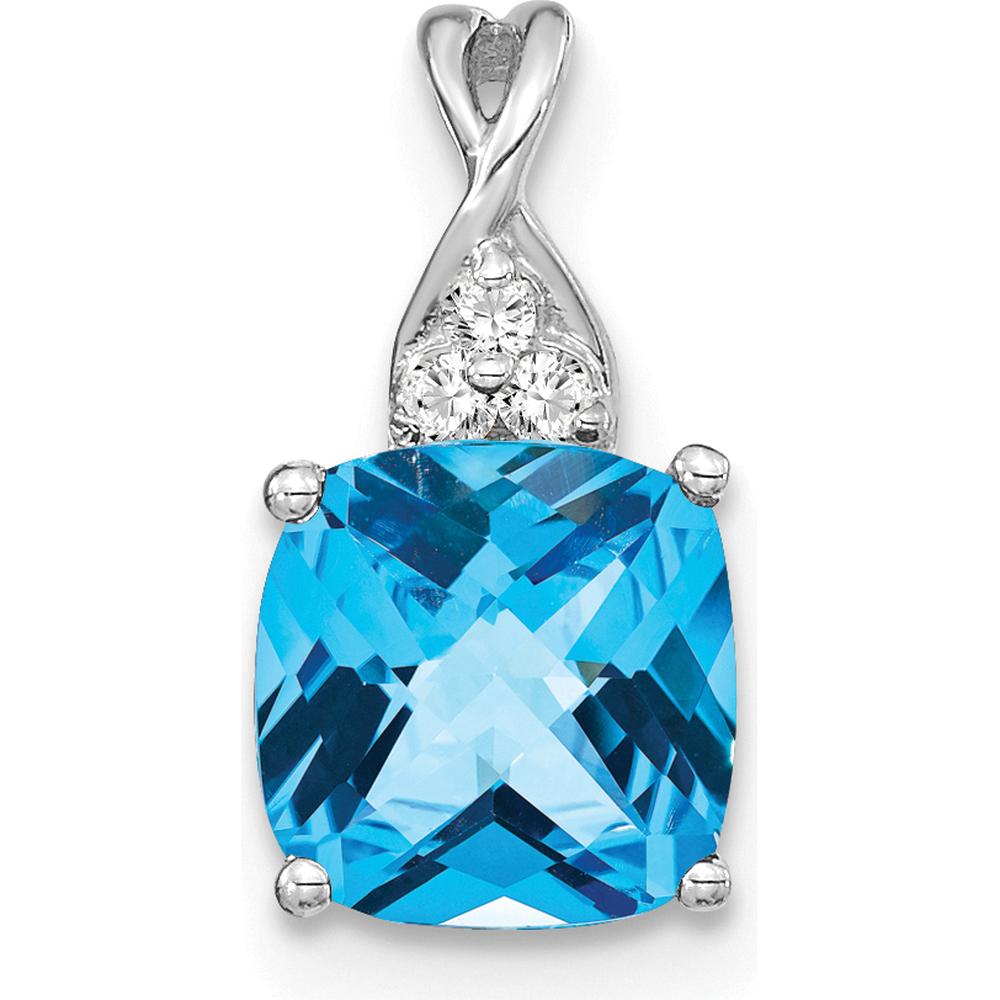 14K White Gold Checkerboard Blue Topaz and Diamond Pendant with 3 Round Diamonds - 7mm Cushion Cut Topaz by Oro Pregiato