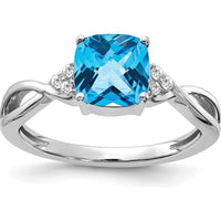 14K White Gold Checkerboard Blue Topaz Ring with Round Diamonds - 0.01 Carat Total Diamond Weight by 0