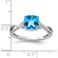 14K White Gold Checkerboard Blue Topaz Ring with Round Diamonds - 0.01 Carat Total Diamond Weight by 0