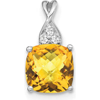14K White Gold Checkerboard Citrine and Diamond Pendant - 7mm Citrine, 0.03 Carat Total Diamond Weight by Oro Pregiato