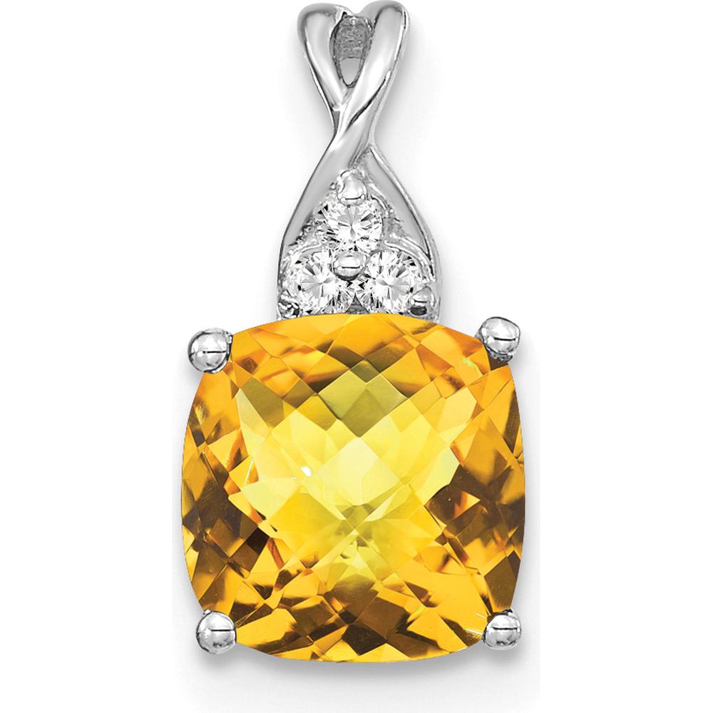 14K White Gold Checkerboard Citrine and Diamond Pendant - 7mm Citrine, 0.03 Carat Total Diamond Weight by Oro Pregiato