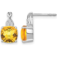 14K White Gold Checkerboard Citrine Earrings with Round Diamond Accents - 0.01 Carat Total Diamond Weight by Oro Pregiato