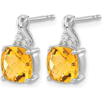 14K White Gold Checkerboard Citrine Earrings with Round Diamond Accents - 0.01 Carat Total Diamond Weight by Oro Pregiato