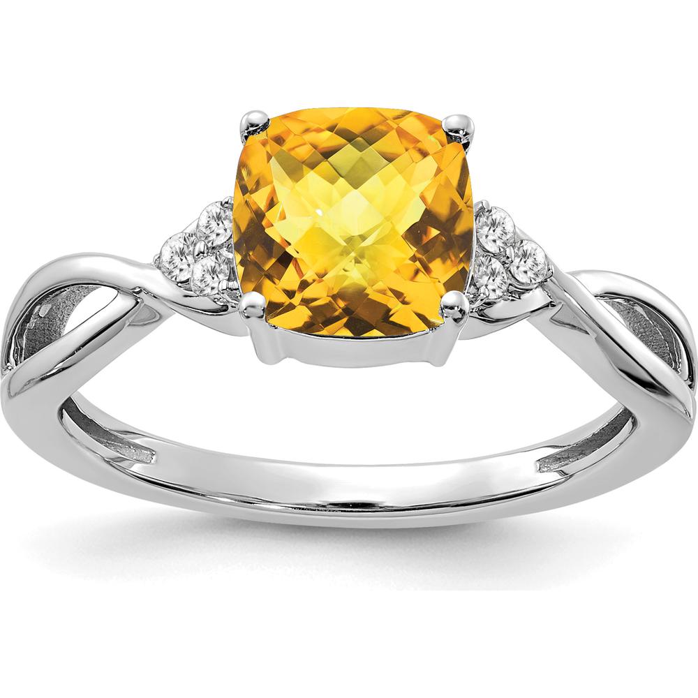 14K White Gold Checkerboard Citrine Ring with Round Diamond Accents - 0.06 Carat Total Diamond Weight by 0