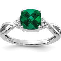 14K White Gold Checkerboard Created Emerald and Diamond Ring - 7mm Emerald, 0.06 Carat Total Diamond Weight by 0