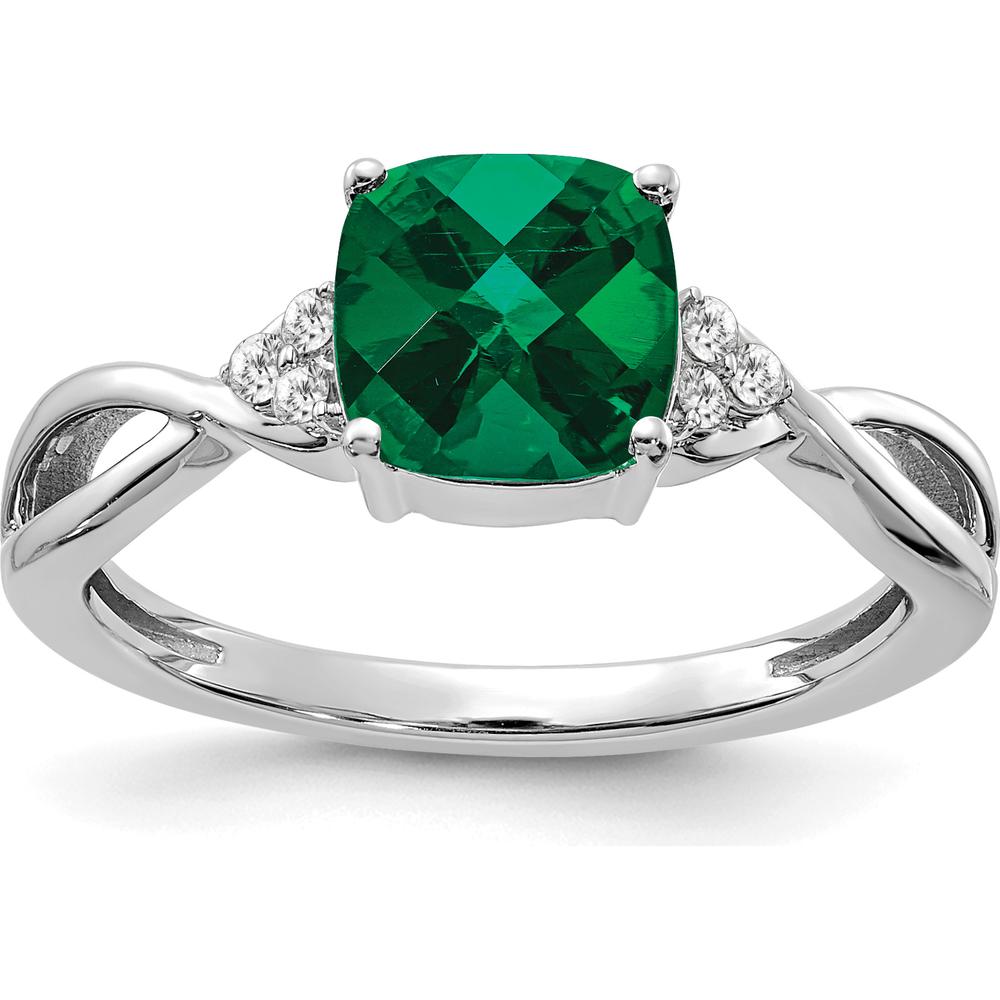 14K White Gold Checkerboard Created Emerald and Diamond Ring - 7mm Emerald, 0.06 Carat Total Diamond Weight by 0