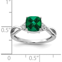14K White Gold Checkerboard Created Emerald and Diamond Ring - 7mm Emerald, 0.06 Carat Total Diamond Weight by 0