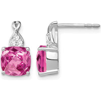 14K White Gold Checkerboard Created Pink Sapphire and Diamond Drop Earrings - 1.0 Carat Total Pink Sapphire Weight by Oro Pregiato