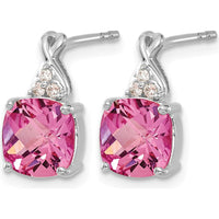 14K White Gold Checkerboard Created Pink Sapphire and Diamond Drop Earrings - 1.0 Carat Total Pink Sapphire Weight by Oro Pregiato