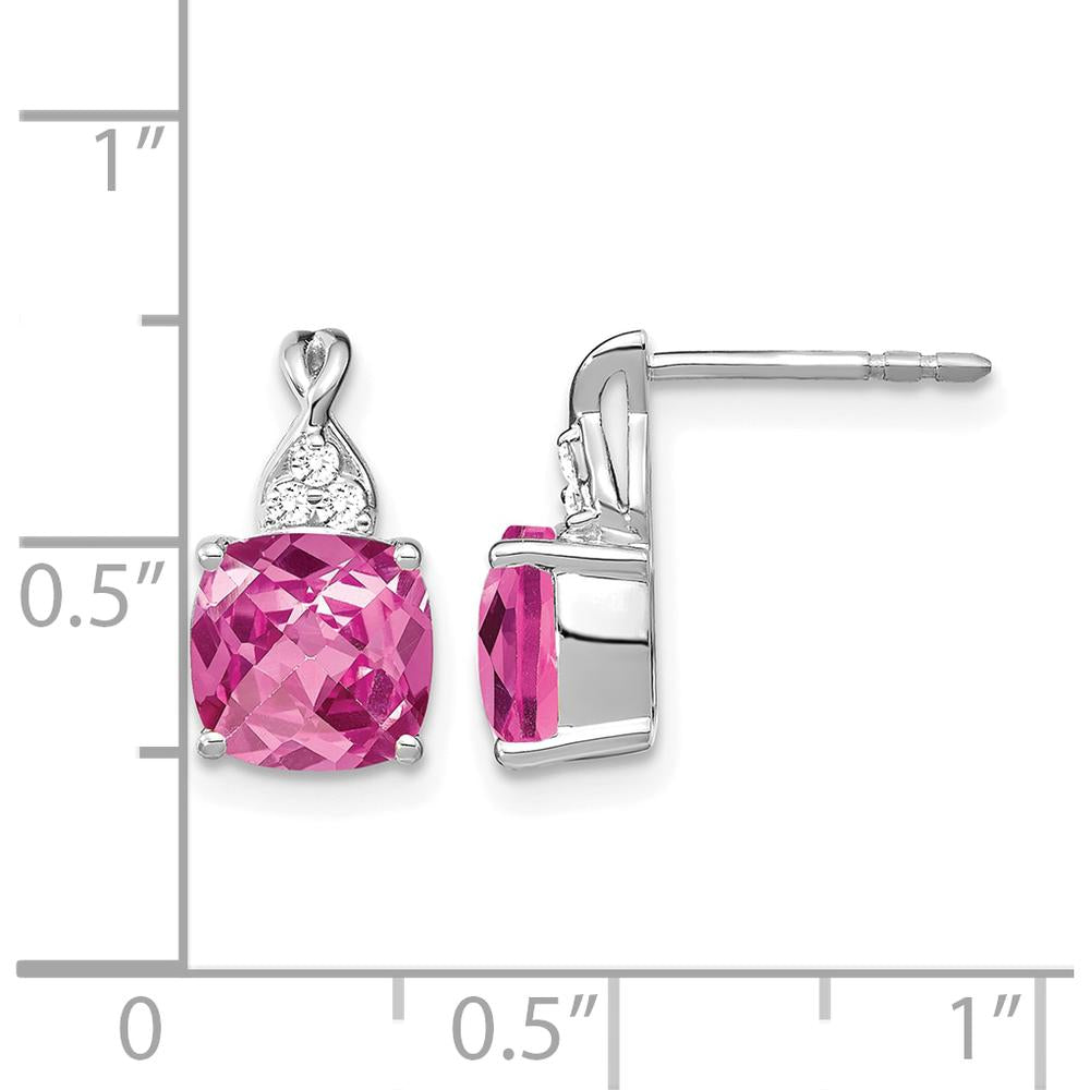 14K White Gold Checkerboard Created Pink Sapphire and Diamond Drop Earrings - 1.0 Carat Total Pink Sapphire Weight by Oro Pregiato
