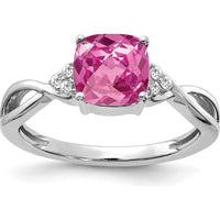 14K White Gold Checkerboard Created Pink Sapphire and Diamond Ring - 7mm Cushion Cut with 6 Round Diamonds by 0