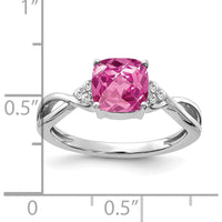 14K White Gold Checkerboard Created Pink Sapphire and Diamond Ring - 7mm Cushion Cut with 6 Round Diamonds by 0
