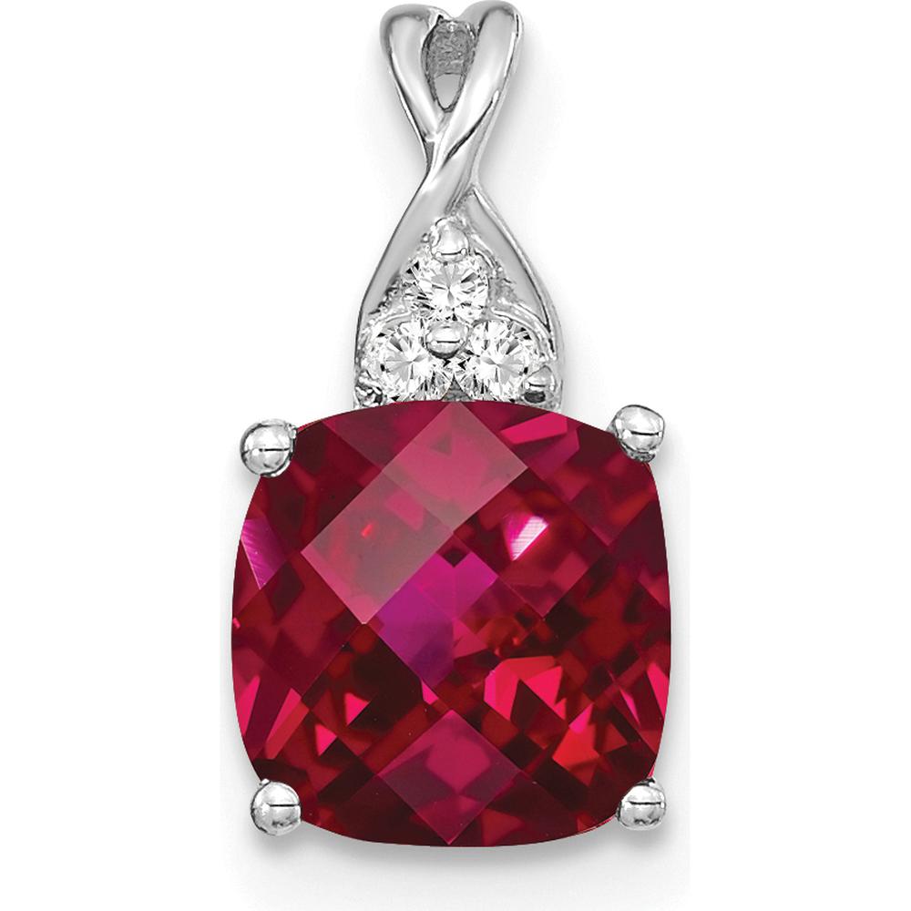 14K White Gold Checkerboard Created Ruby and Diamond Pendant - 7mm Cushion Cut Ruby, 0.01 Carat Diamond by Oro Pregiato