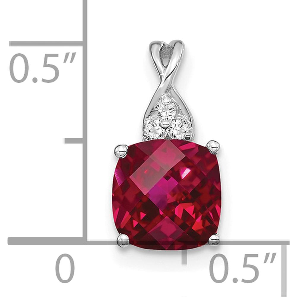 14K White Gold Checkerboard Created Ruby and Diamond Pendant - 7mm Cushion Cut Ruby, 0.01 Carat Diamond by Oro Pregiato