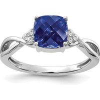 14K White Gold Checkerboard Created Sapphire and Diamond Ring with 7mm Cushion Cut Sapphire and 6 Round Diamonds - 0.01 Carat Diamond Weight by 0