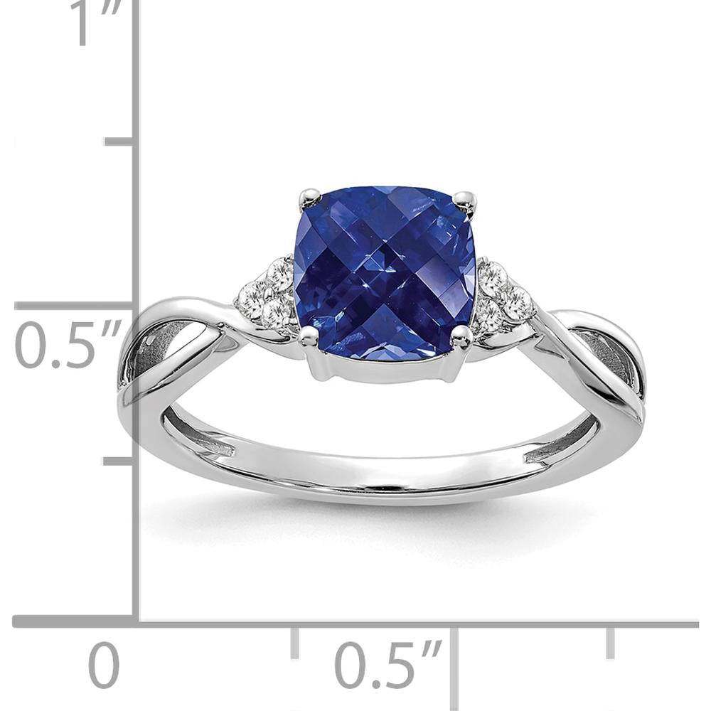 14K White Gold Checkerboard Created Sapphire and Diamond Ring with 7mm Cushion Cut Sapphire and 6 Round Diamonds - 0.01 Carat Diamond Weight by 0