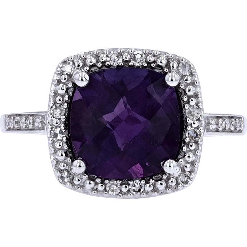 14K White Gold Checkerboard Cushion Cut Amethyst Ring with Halo Diamonds - 0.10 Carats Diamond Weight