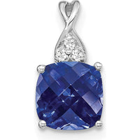 14K White Gold Checkerboard Cut Created Sapphire Pendant with 3 Round Diamonds - 0.01 Carat Diamond Weight by Oro Pregiato
