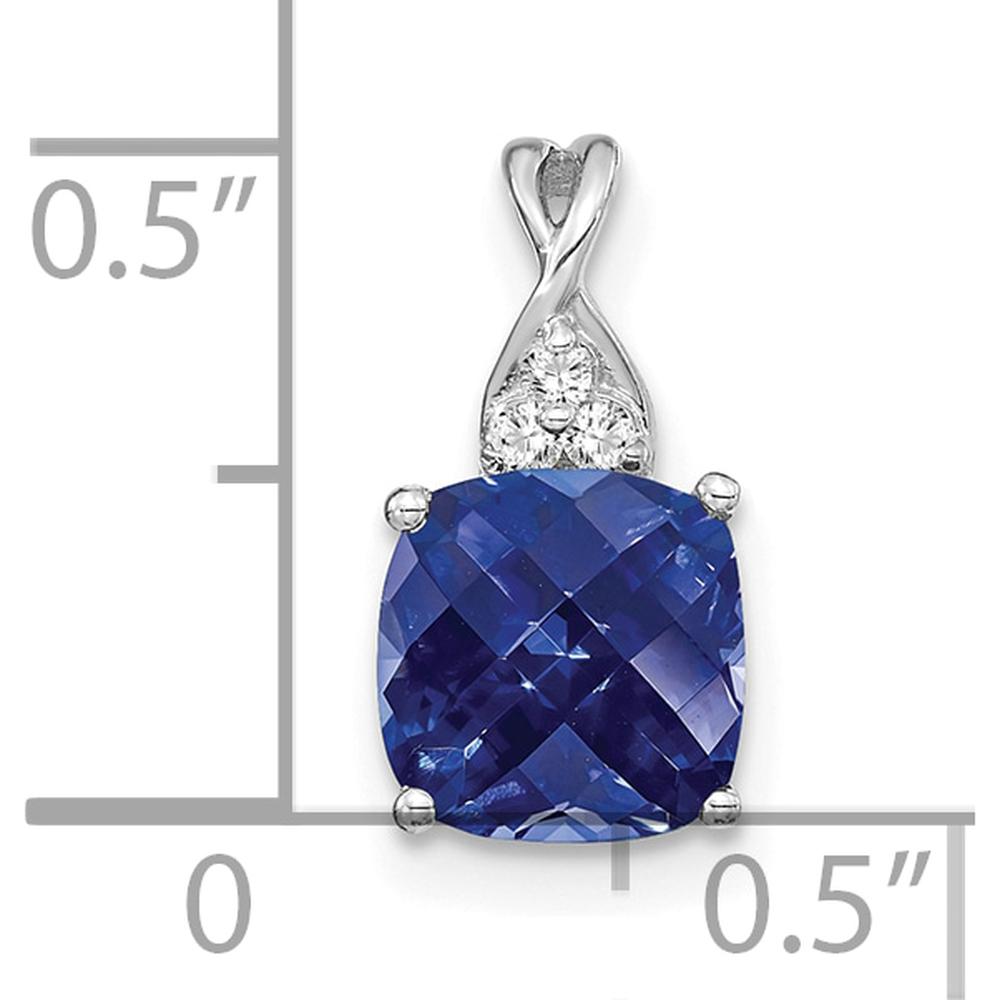 14K White Gold Checkerboard Cut Created Sapphire Pendant with 3 Round Diamonds - 0.01 Carat Diamond Weight by Oro Pregiato