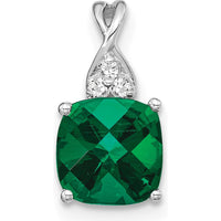 14K White Gold Checkerboard Cut Lab Created Emerald Pendant with Round Diamonds by Oro Pregiato