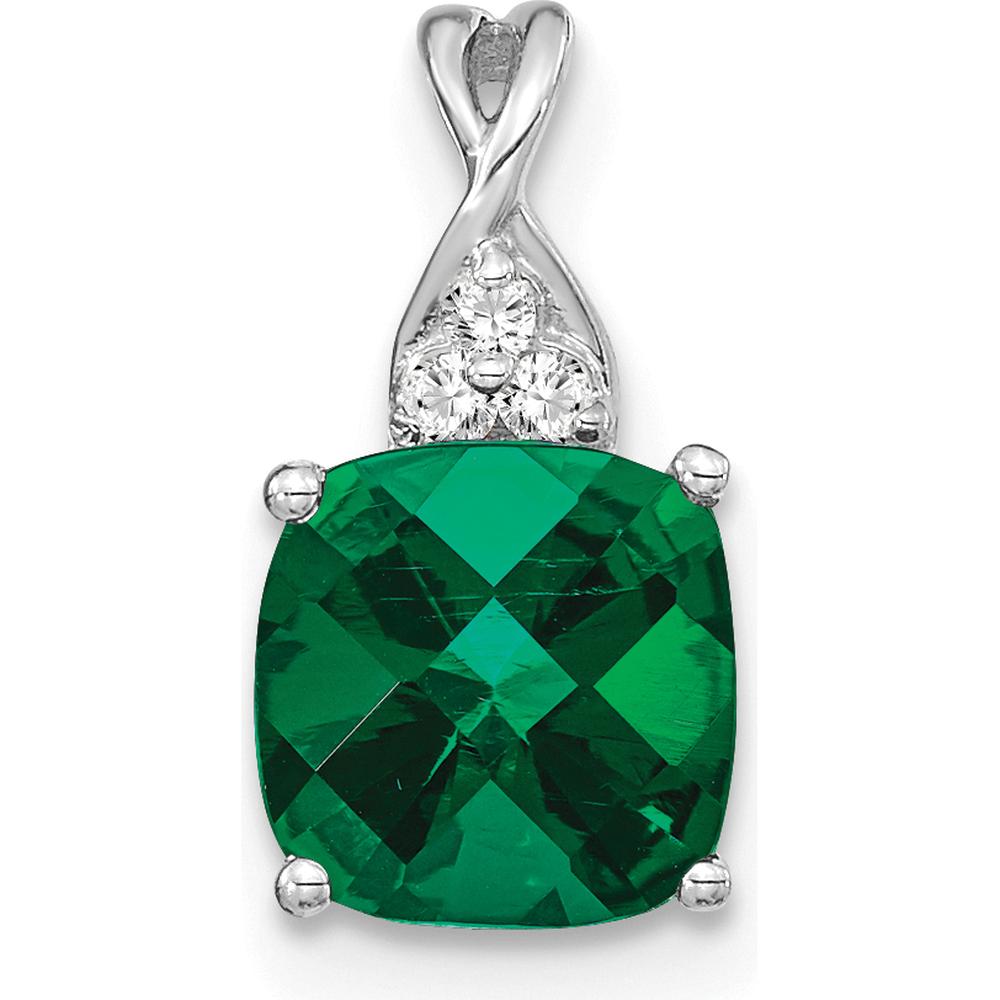 14K White Gold Checkerboard Cut Lab Created Emerald Pendant with Round Diamonds by Oro Pregiato