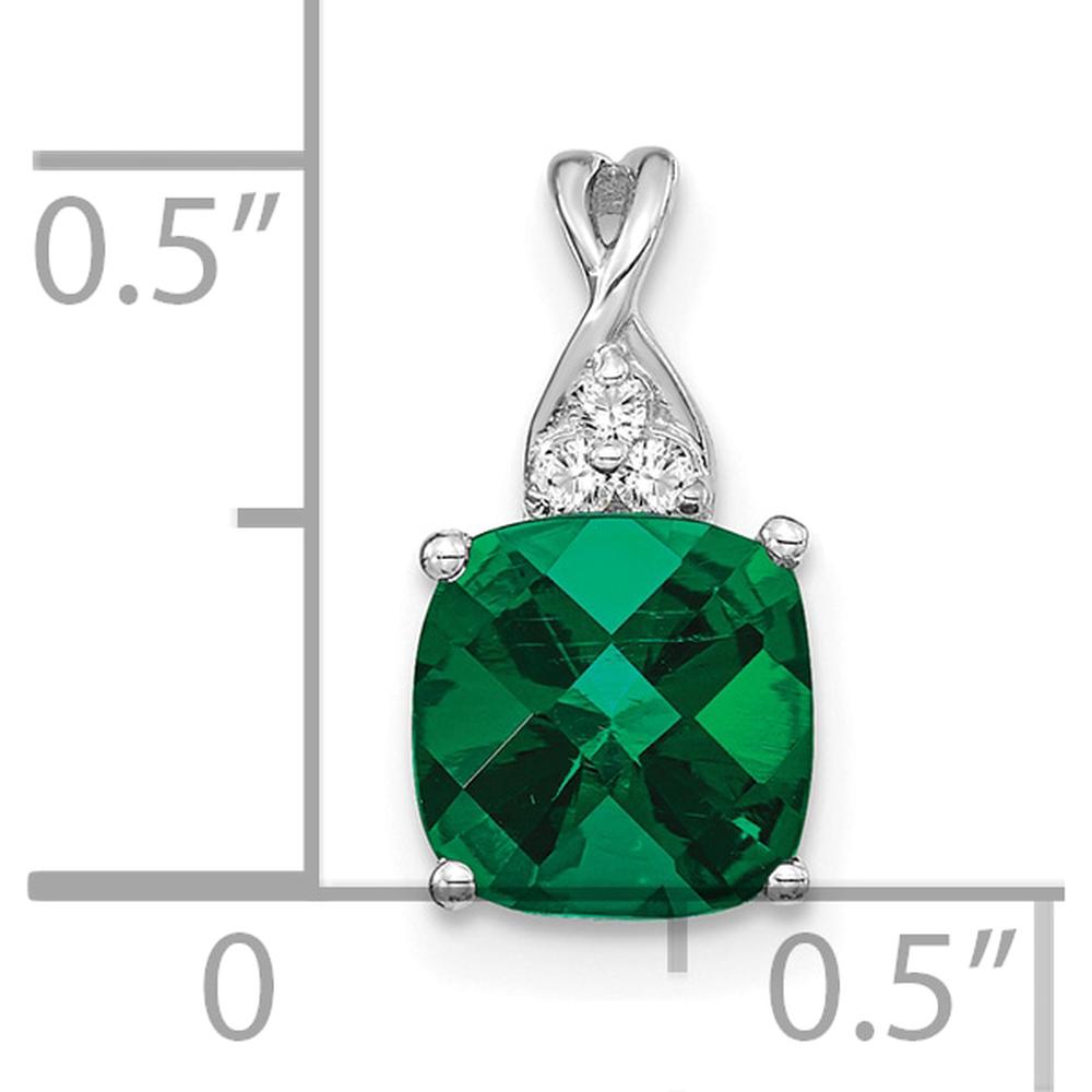 14K White Gold Checkerboard Cut Lab Created Emerald Pendant with Round Diamonds by Oro Pregiato