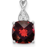 14K White Gold Checkerboard Garnet Pendant with Round Diamond Accents - 0.01 Carat Total Diamond Weight by Oro Pregiato