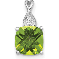14K White Gold Checkerboard Peridot and Diamond Pendant - 7mm Peridot, 0.01 Carat Diamond by Oro Pregiato