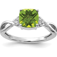 14K White Gold Checkerboard Peridot and Diamond Ring - 7mm Cushion Peridot, 0.06 Carat Total Diamond Weight by 0