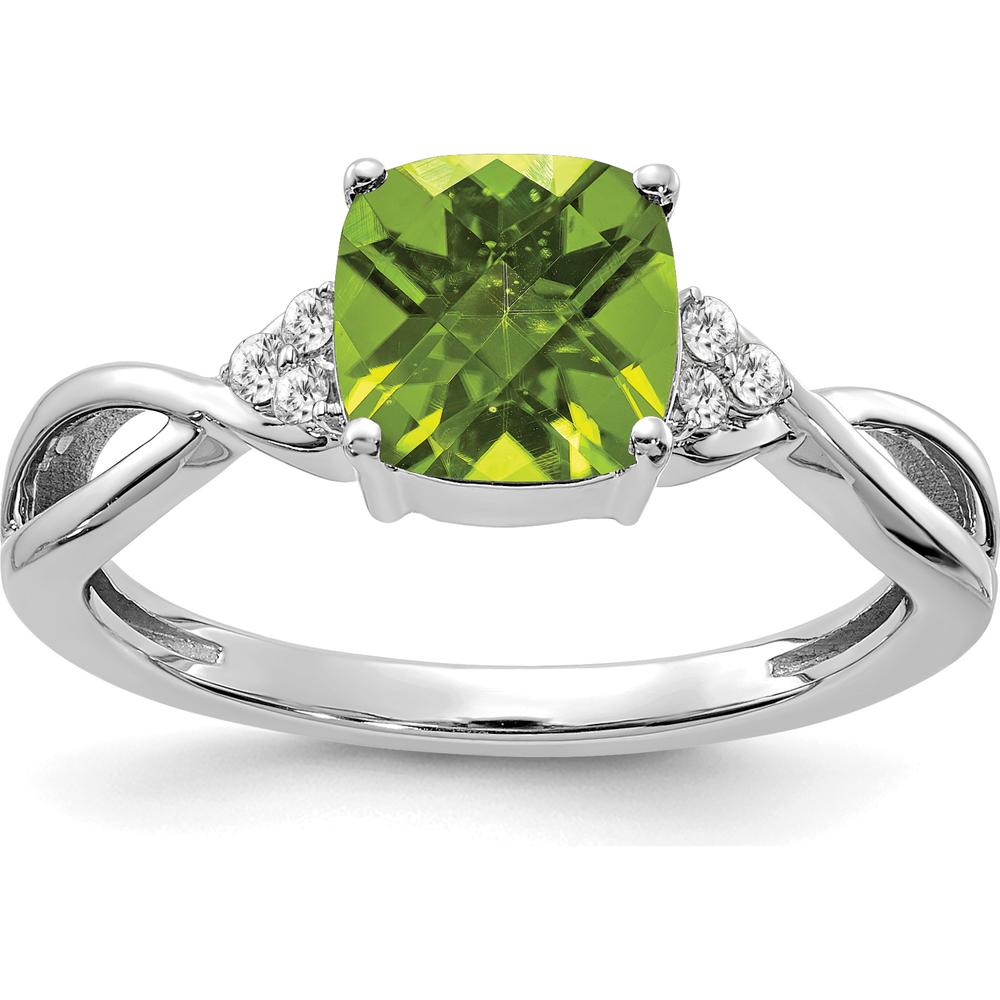 14K White Gold Checkerboard Peridot and Diamond Ring - 7mm Cushion Peridot, 0.06 Carat Total Diamond Weight by 0