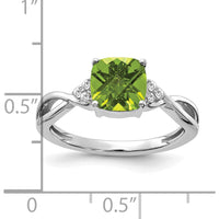 14K White Gold Checkerboard Peridot and Diamond Ring - 7mm Cushion Peridot, 0.06 Carat Total Diamond Weight by 0