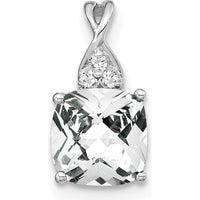 14K White Gold Checkerboard White Topaz and Diamond Pendant - 7mm Cushion Cut Topaz, 0.01 Carat Diamonds by Oro Pregiato