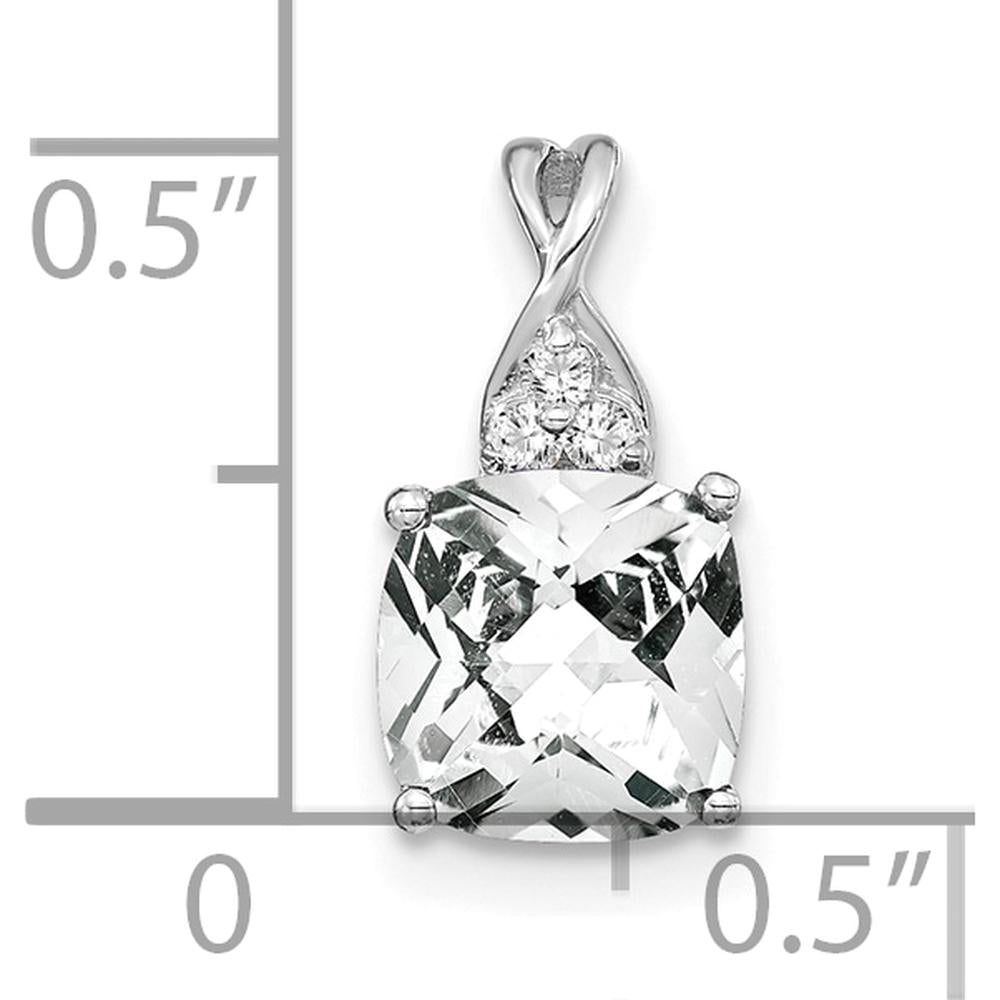 14K White Gold Checkerboard White Topaz and Diamond Pendant - 7mm Cushion Cut Topaz, 0.01 Carat Diamonds by Oro Pregiato