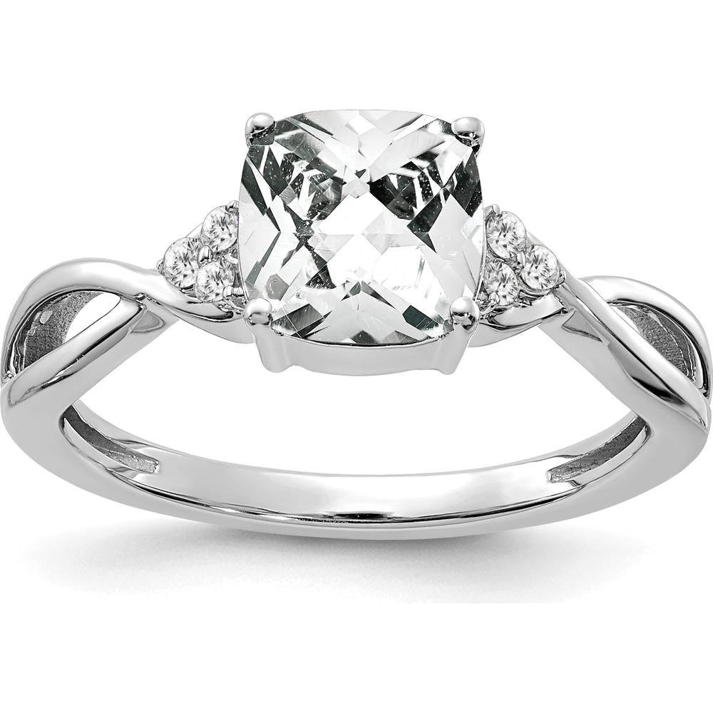 14K White Gold Checkerboard White Topaz and Diamond Ring with Round Diamonds - 7mm Topaz, 0.01 Carat Total Diamond Weight by 0