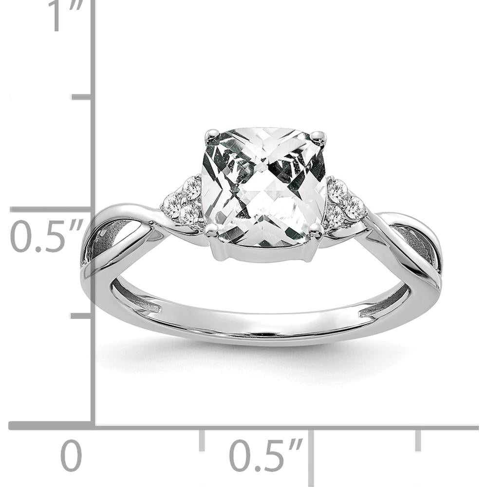 14K White Gold Checkerboard White Topaz and Diamond Ring with Round Diamonds - 7mm Topaz, 0.01 Carat Total Diamond Weight by 0