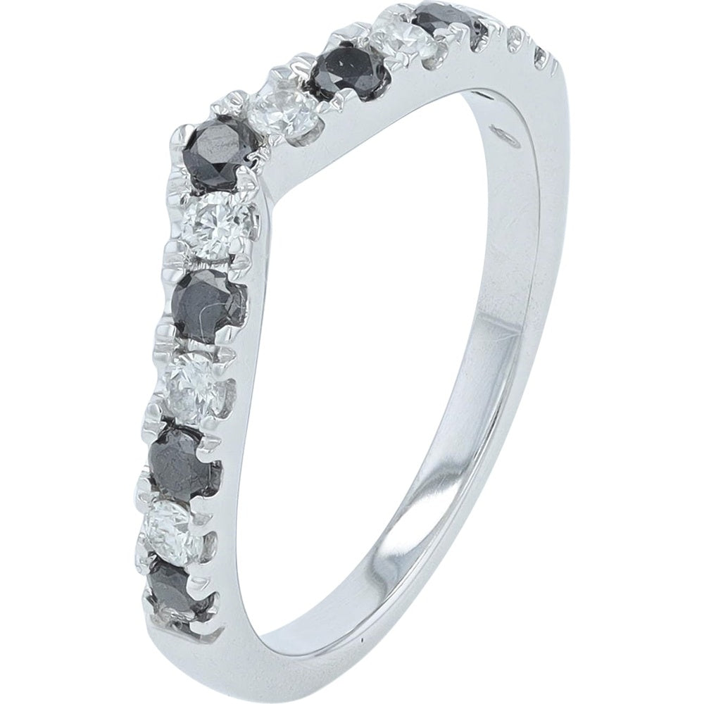 14K White Gold Chevron Band with Alternating Round Black and White Diamonds - 0.50 Carat Total Diamond Weight