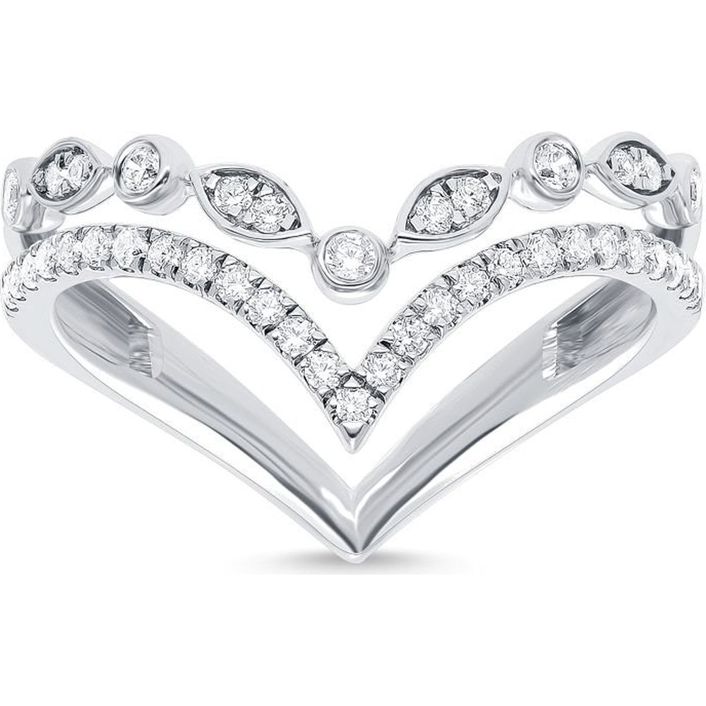 14K White Gold Chevron Fashion Ring with Prong and Bezel Set Round Diamonds - 0.32 Carat Total Diamond Weight by Auriventus